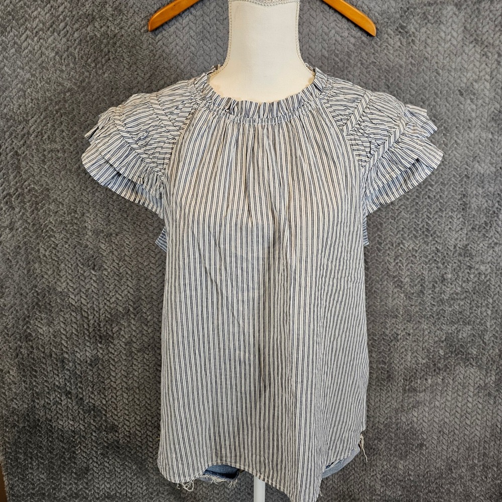 J.Crew Womens Blue White Striped Ruffle Flutter Sleeve Cotton Top CA403 XL NWT